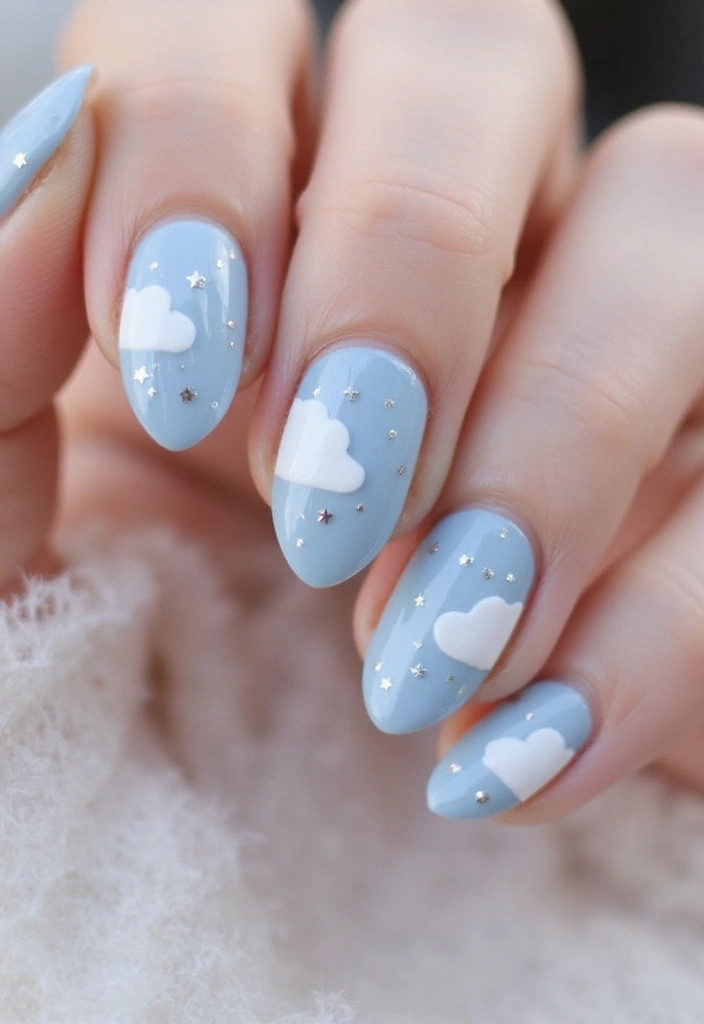 15 Celestial Nail Designs That Will Have You Dreaming of the Cosmos! - 9. Starry Skies with Clouds