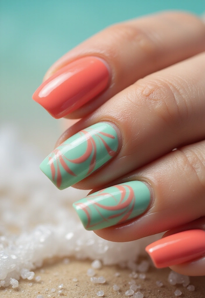 15 Coral Nail Art Designs That Will Make Your Summer So Much Brighter! - 9. Coral and Seafoam Swirls