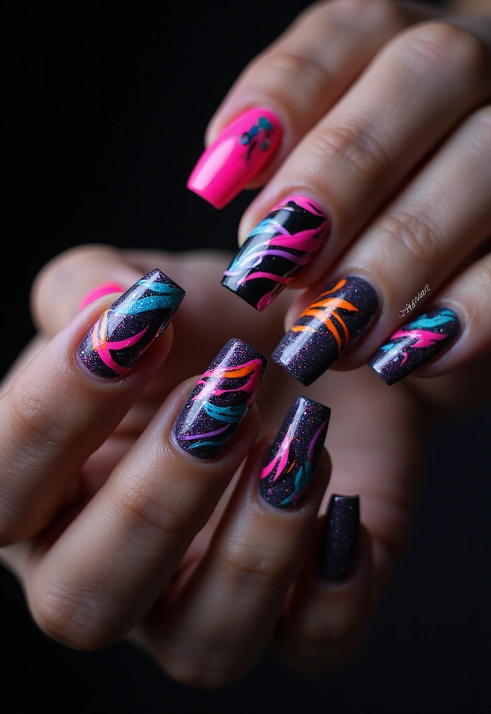 15 Dark Nail Trends You Must Try This Season (Prepare for #9 to Blow Your Mind!) - 12. Bold and Beautiful: Dark Neon Accents