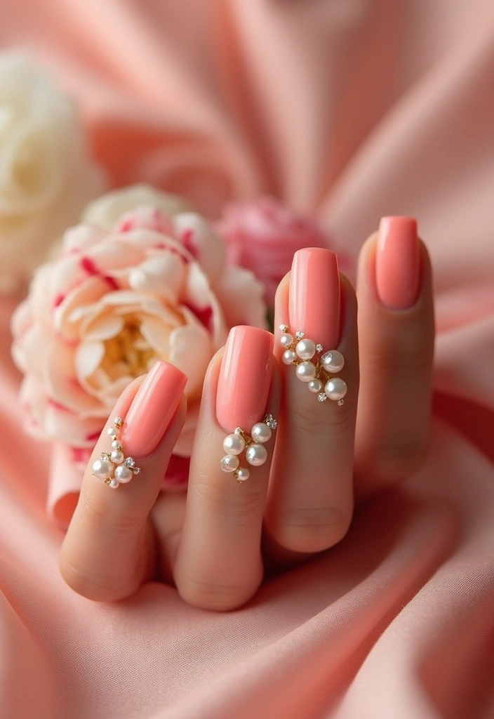 15 Must-Try Pastel Spring Nail Designs for a Fresh Look This Season! - 12. Soft Coral with Pearls