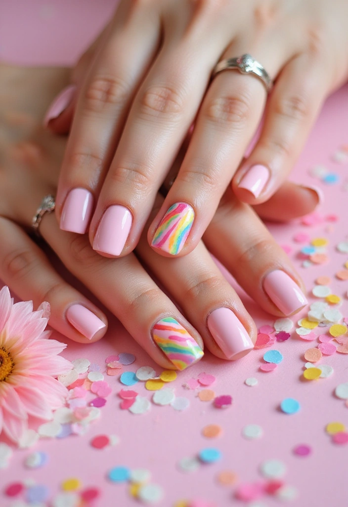 15 Must-Try Pastel Spring Nail Designs for a Fresh Look This Season! - 13. Pale Pink with Rainbow Stripes