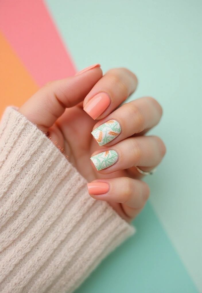15 Must-Try Pastel Spring Nail Designs for a Fresh Look This Season! - 4. Peachy Coral with Geometric Patterns