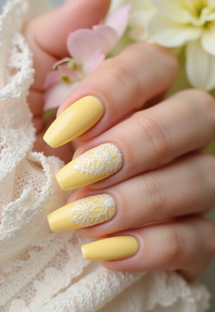 15 Must-Try Pastel Spring Nail Designs for a Fresh Look This Season! - 7. Pale Yellow with Lace Patterns