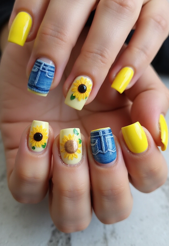 15 Stunning Yellow Nail Designs That Will Brighten Your Summer Vibes (You’ll Love #9!) - 10. Yellow and Denim Combo