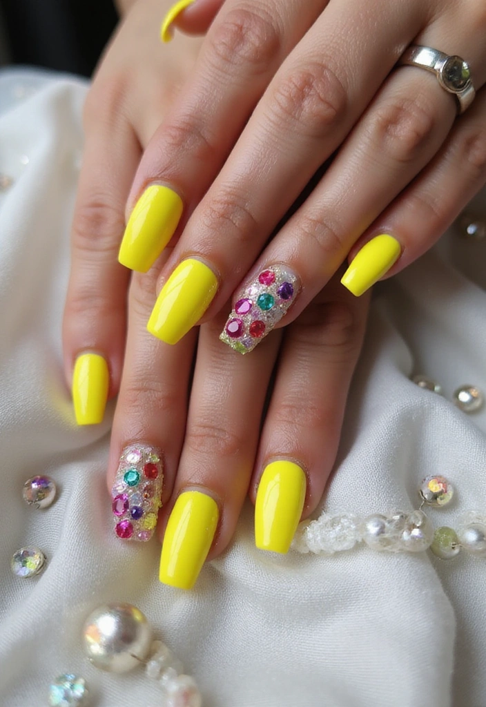 15 Stunning Yellow Nail Designs That Will Brighten Your Summer Vibes (You’ll Love #9!) - 13. Yellow with Jewel Accents
