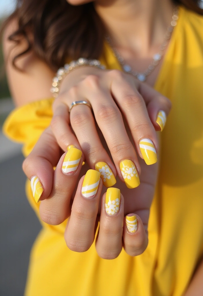 15 Stunning Yellow Nail Designs That Will Brighten Your Summer Vibes (You’ll Love #9!) - 15. Yellow and White Stripes