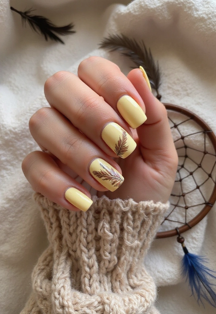 15 Stunning Yellow Nail Designs That Will Brighten Your Summer Vibes (You’ll Love #9!) - 3. Boho Chic Yellow Feathers