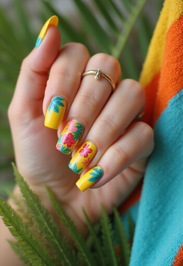 15 Stunning Yellow Nail Designs That Will Brighten Your Summer Vibes (You’ll Love #9!) - 4. Tropical Paradise Nails
