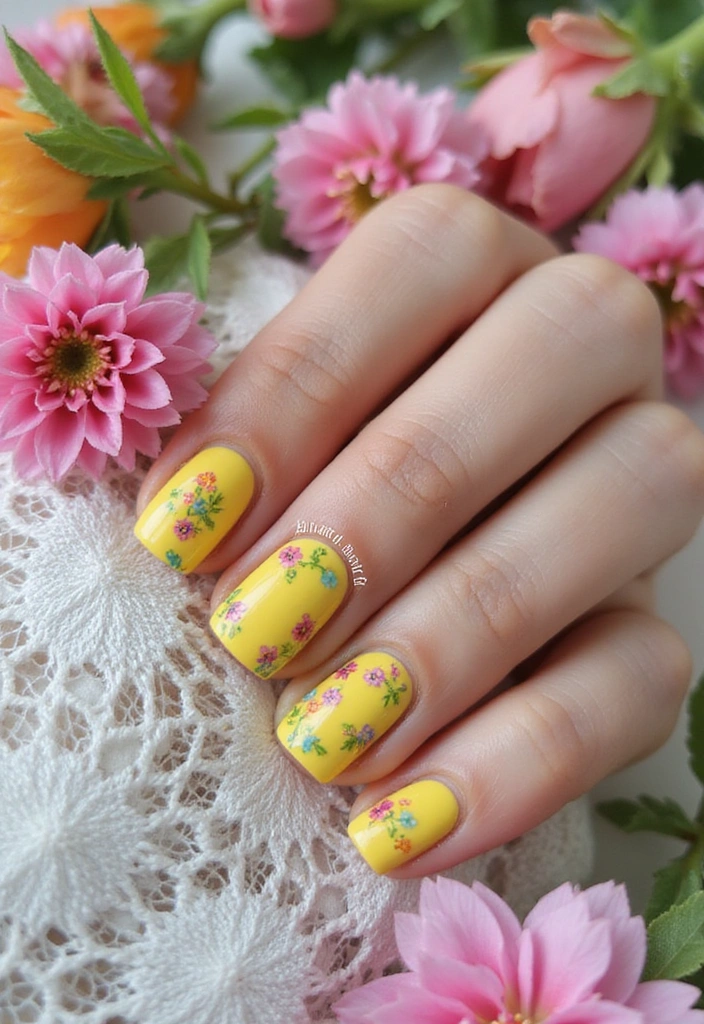 15 Stunning Yellow Nail Designs That Will Brighten Your Summer Vibes (You’ll Love #9!) - 6. Floral Yellow Garden