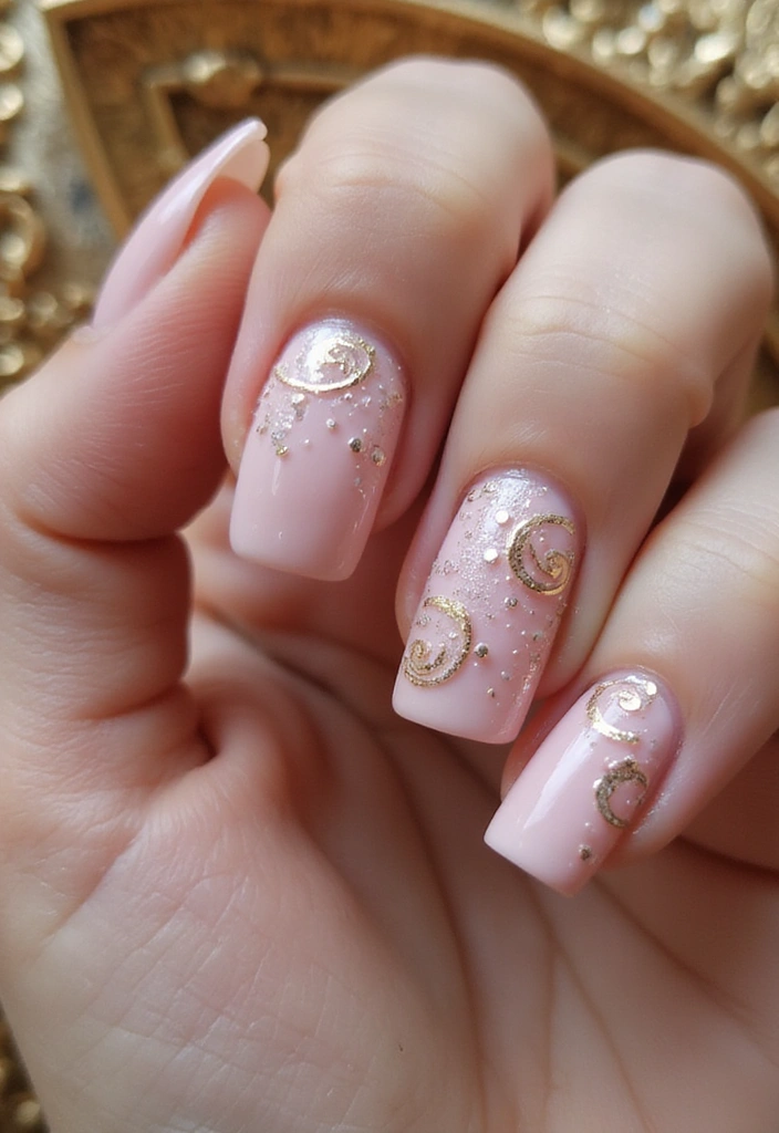 15 Trendy Pink Nail Designs for Spring That Will Get You Noticed! - 12. Pink and Gold Swirls