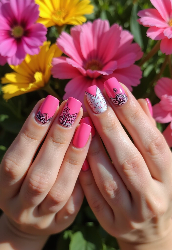 15 Trendy Pink Nail Designs for Spring That Will Get You Noticed! - 2. Neon Pink with Geometric Patterns