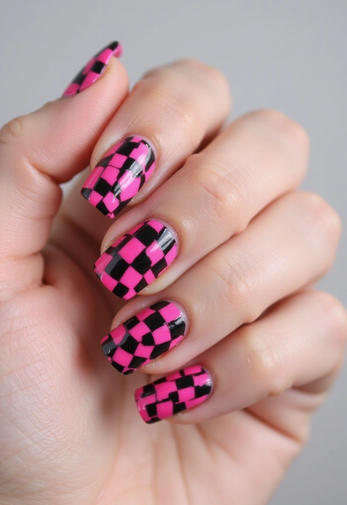 20 Chic Fuchsia and Black Nail Designs That Will Elevate Your Manicure Game! - 10. Fuchsia and Black Checkerboard