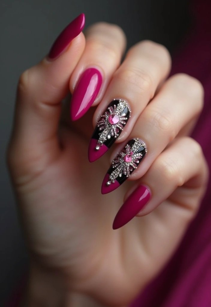 20 Chic Fuchsia and Black Nail Designs That Will Elevate Your Manicure Game! - 12. Fuchsia and Black Statement Nails