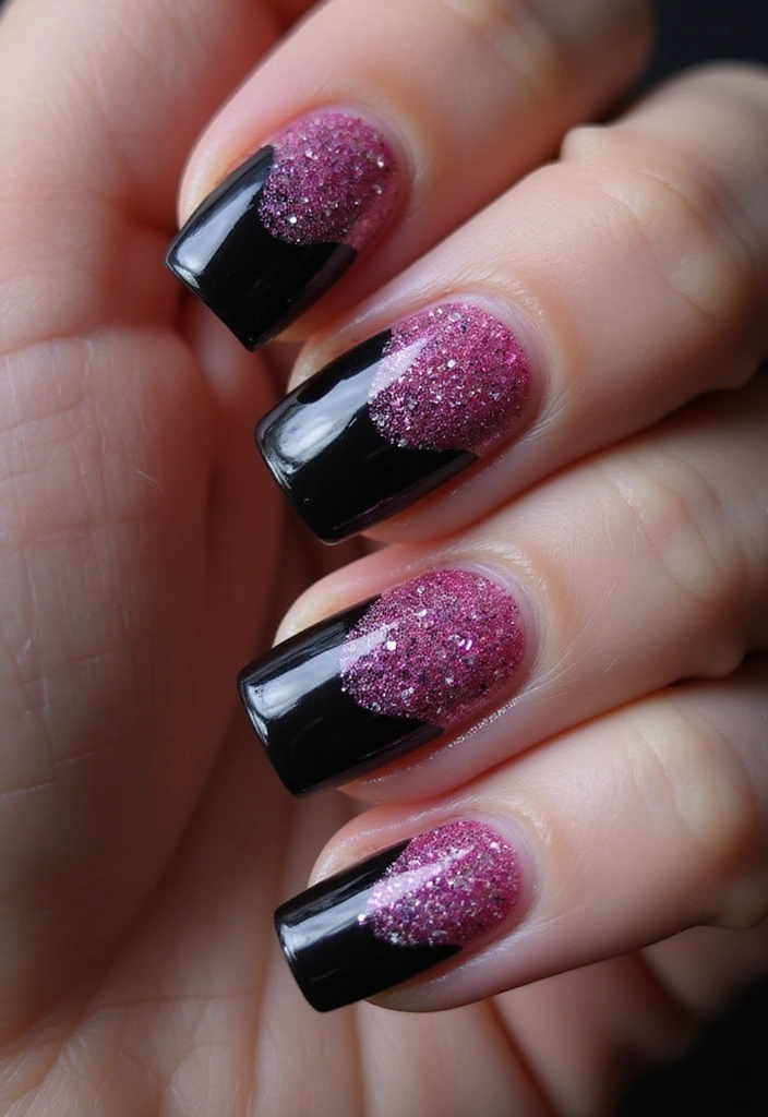 20 Chic Fuchsia and Black Nail Designs That Will Elevate Your Manicure Game! - 13. Fuchsia and Black Gradient Glitter