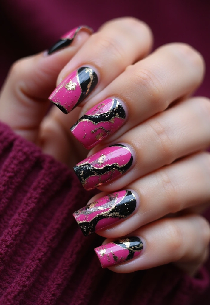 20 Chic Fuchsia and Black Nail Designs That Will Elevate Your Manicure Game! - 14. Fuchsia and Black Marble with Gold Accents