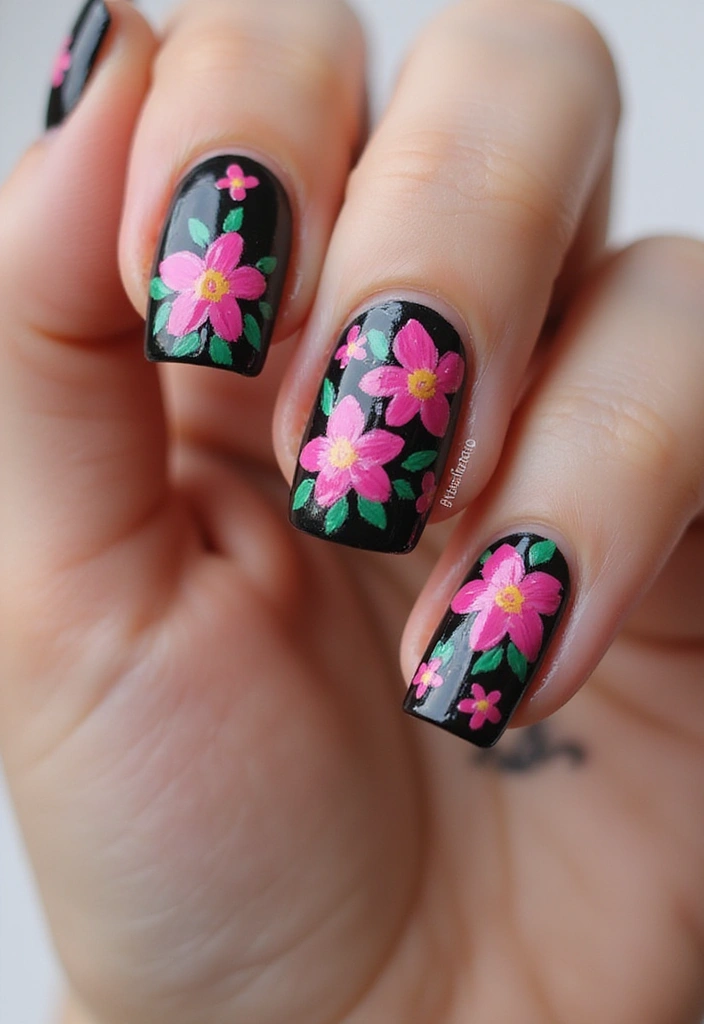 20 Chic Fuchsia and Black Nail Designs That Will Elevate Your Manicure Game! - 3. Floral Fuchsia and Black