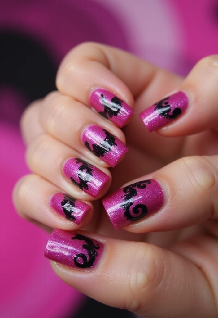 20 Chic Fuchsia and Black Nail Designs That Will Elevate Your Manicure Game! - 5. Fuchsia and Black Swirls
