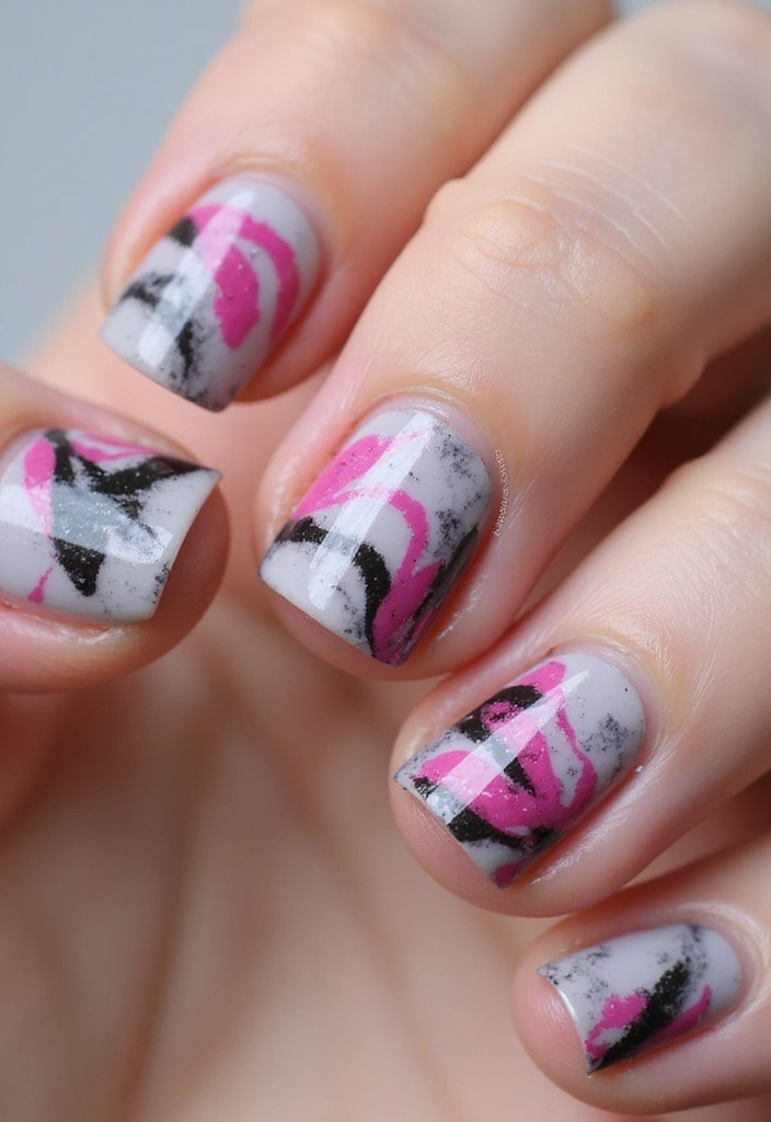 20 Chic Fuchsia and Black Nail Designs That Will Elevate Your Manicure Game! - 7. Fuchsia and Black Marble Effect