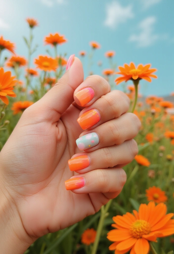20 Stunning Orange Nail Designs for 2025 That'll Leave You Speechless! - 19. Layered Neon Orange with Pastels