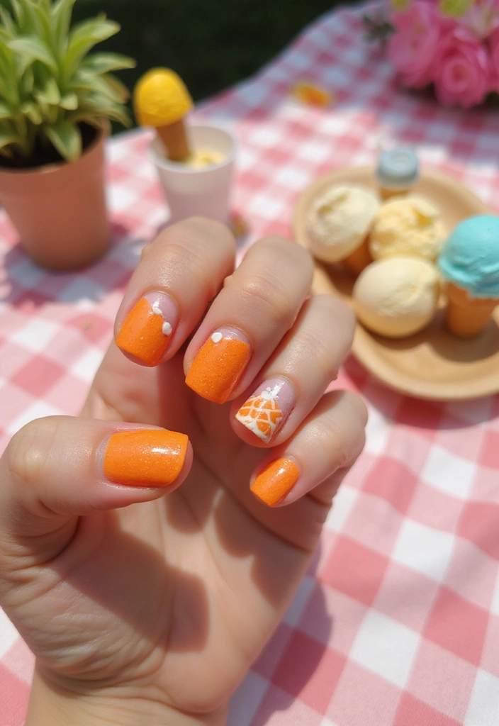 20 Stunning Orange Nail Designs for 2025 That'll Leave You Speechless! - 20. Sweet Ice Cream Cone Designs