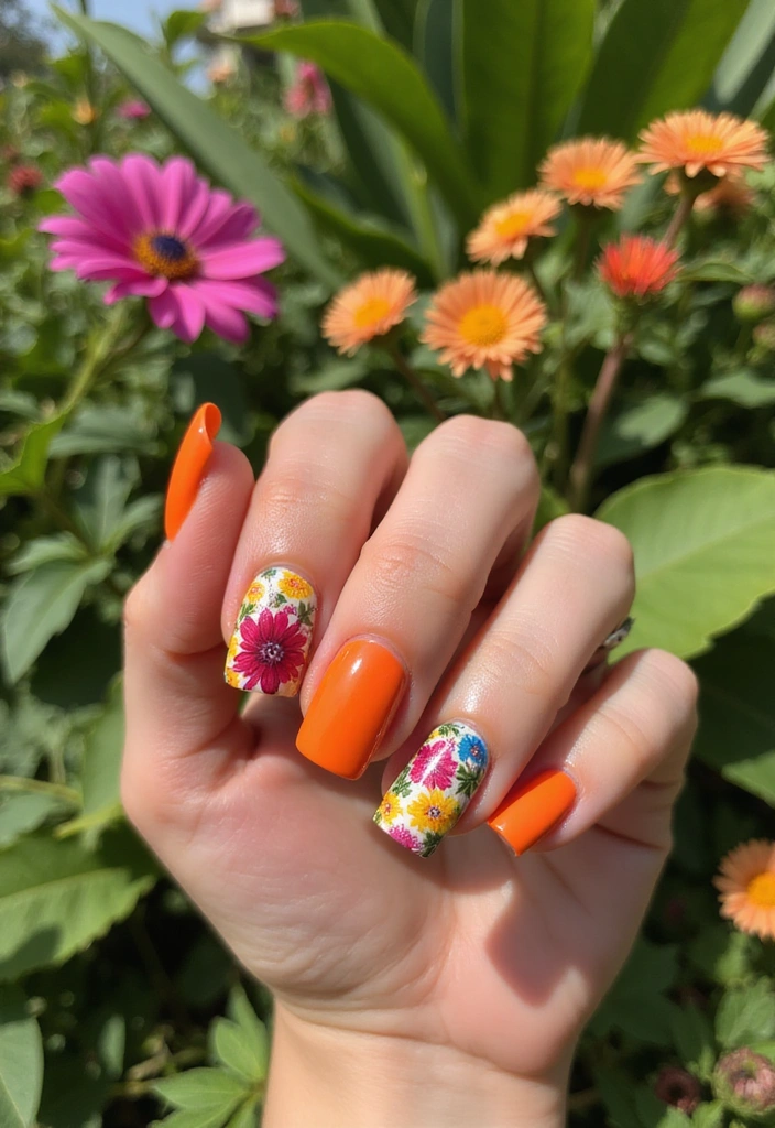 20 Stunning Orange Nail Designs for 2025 That'll Leave You Speechless! - 3. Tropical Floral Accents
