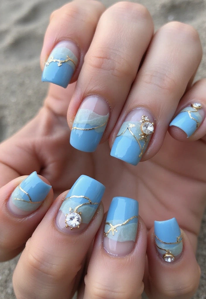 20 Unique Blue and Gold Nail Ideas That Will Blow Your Mind (And Perfect for Any Season!) - 2. Ocean Waves
