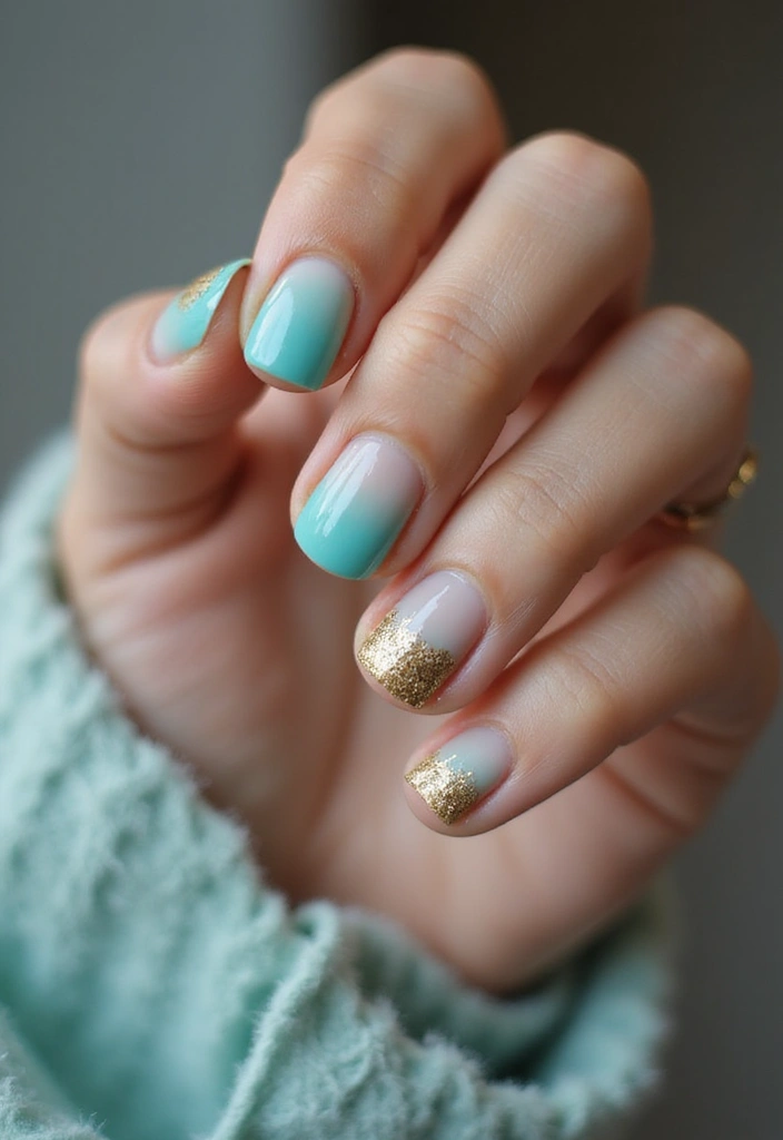 21 Gorgeous Turquoise and Gold Nail Designs for 2025 (Glam Up Your Look!) - 1. Turquoise Ombre with Gold Glitter Tips