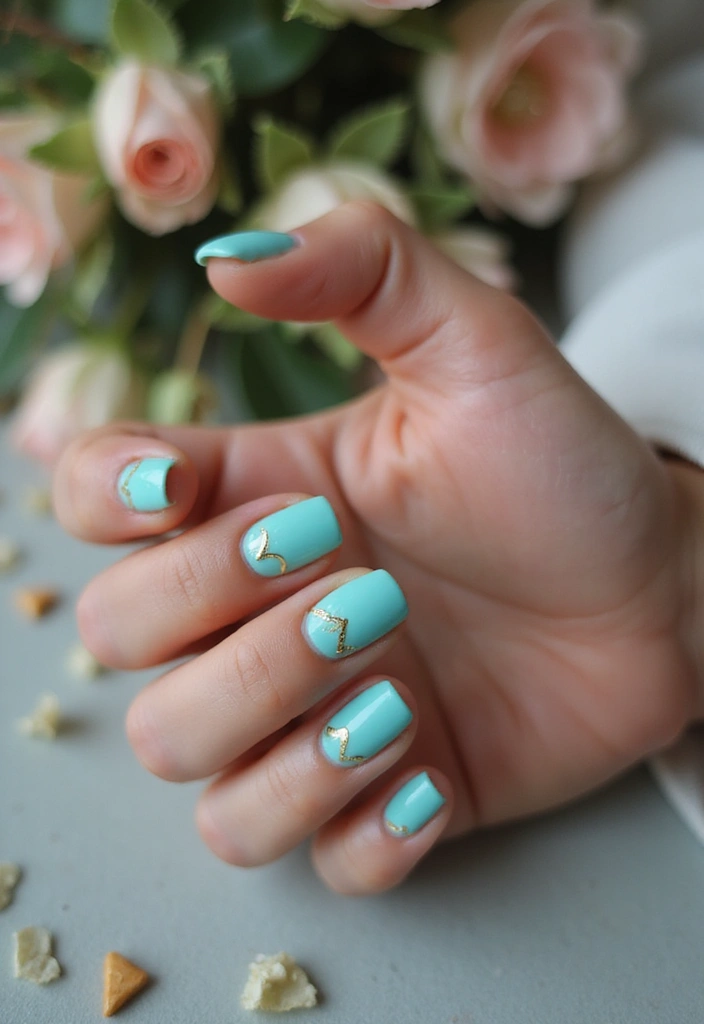 21 Gorgeous Turquoise and Gold Nail Designs for 2025 (Glam Up Your Look!) - 10. Turquoise and Gold Heart Accents