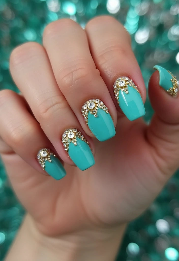 21 Gorgeous Turquoise and Gold Nail Designs for 2025 (Glam Up Your Look!) - 11. Turquoise and Gold Rhinestone Glam