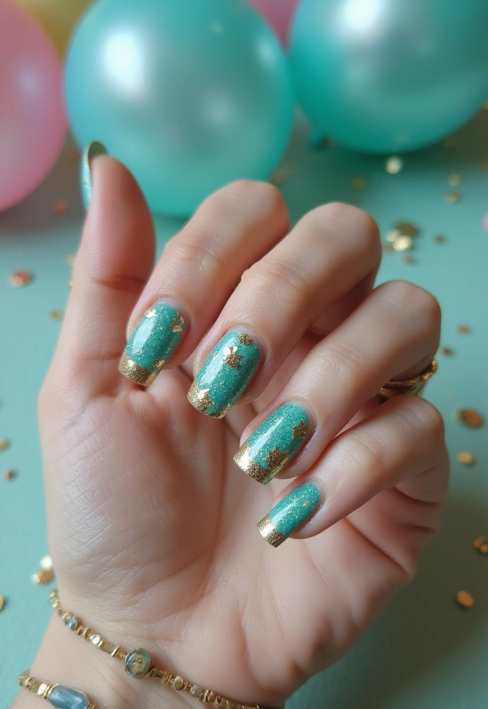 21 Gorgeous Turquoise and Gold Nail Designs for 2025 (Glam Up Your Look!) - 12. Turquoise Glitter Polish with Gold Accents