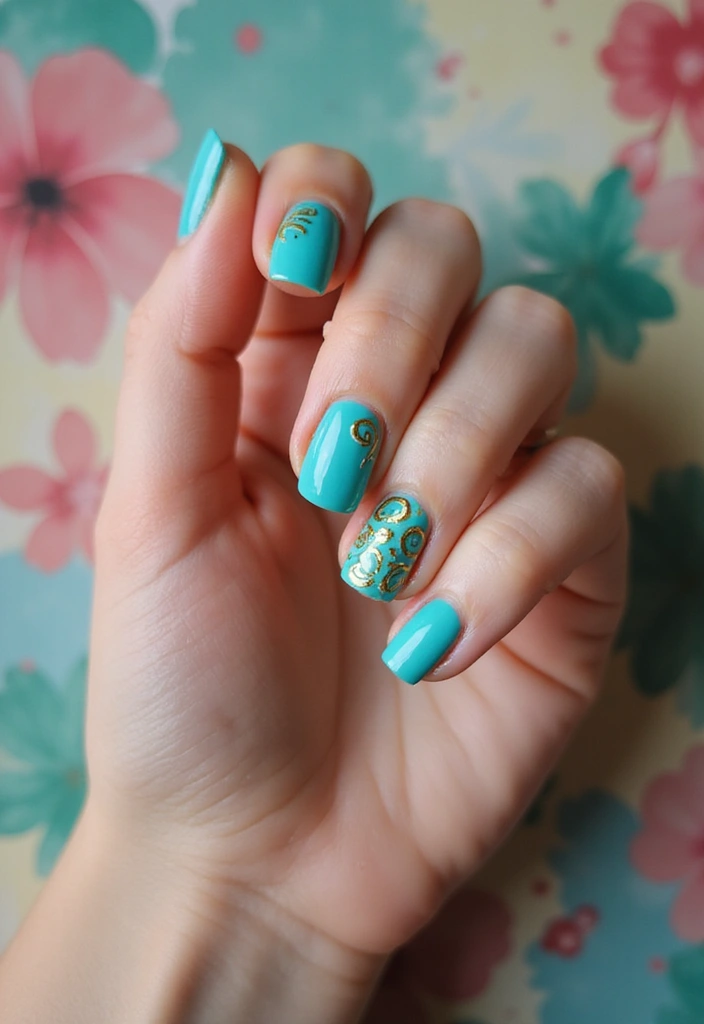 21 Gorgeous Turquoise and Gold Nail Designs for 2025 (Glam Up Your Look!) - 13. Turquoise and Gold Spiral Designs