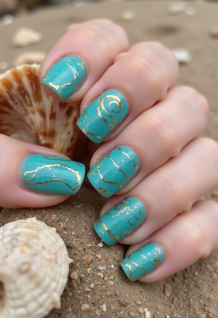 21 Gorgeous Turquoise and Gold Nail Designs for 2025 (Glam Up Your Look!) - 16. Turquoise and Gold Wave Patterns