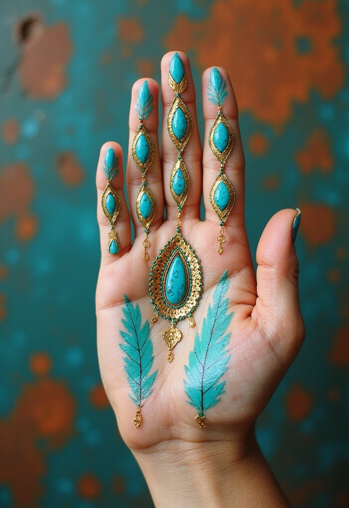 21 Gorgeous Turquoise and Gold Nail Designs for 2025 (Glam Up Your Look!) - 17. Turquoise and Gold Tribal Patterns