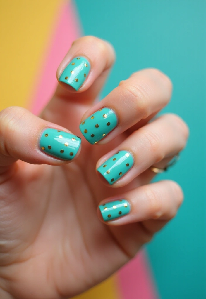 21 Gorgeous Turquoise and Gold Nail Designs for 2025 (Glam Up Your Look!) - 18. Turquoise and Gold Dotted Designs