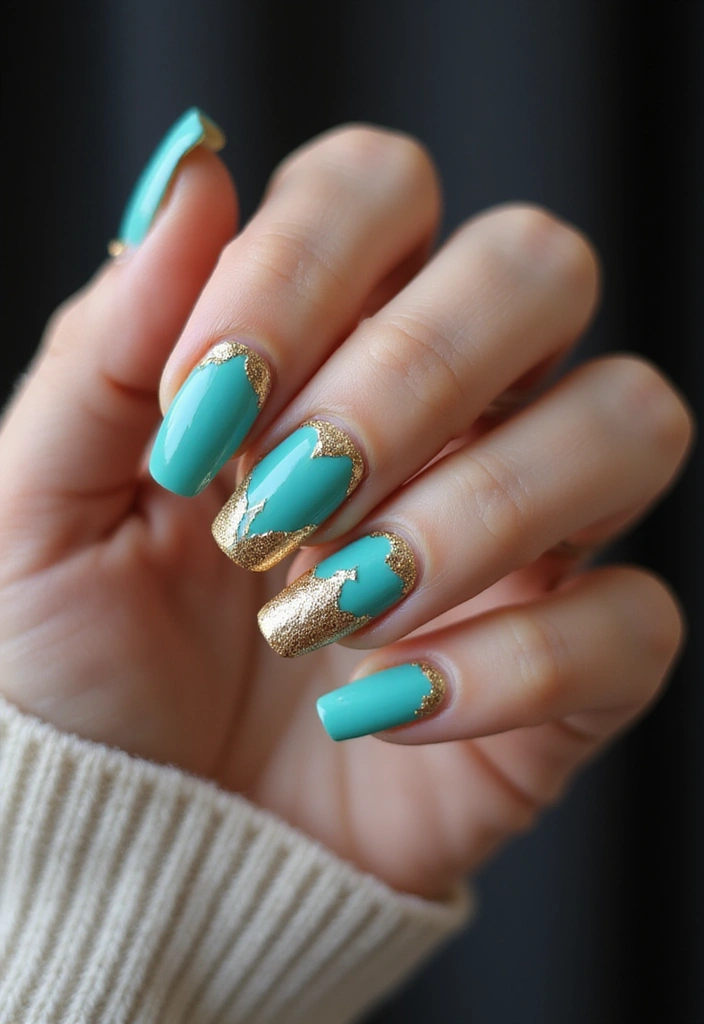 21 Gorgeous Turquoise and Gold Nail Designs for 2025 (Glam Up Your Look!) - 19. Turquoise and Gold Layered Designs
