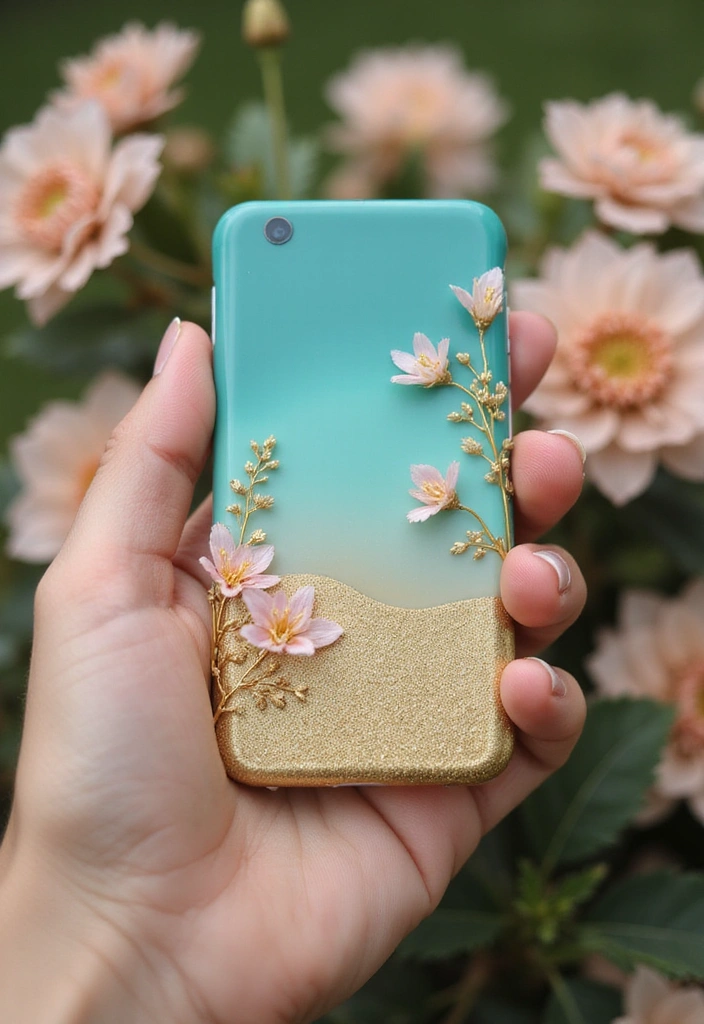 21 Gorgeous Turquoise and Gold Nail Designs for 2025 (Glam Up Your Look!) - 20. Turquoise and Gold Gradient with Flowers