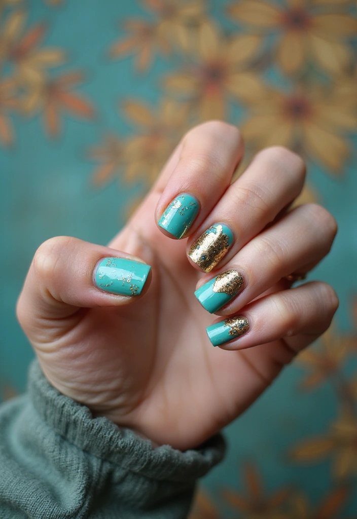 21 Gorgeous Turquoise and Gold Nail Designs for 2025 (Glam Up Your Look!) - 21. Turquoise and Gold Statement Nails