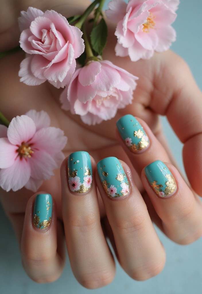 21 Gorgeous Turquoise and Gold Nail Designs for 2025 (Glam Up Your Look!) - 3. Floral Accents with Gold Foil