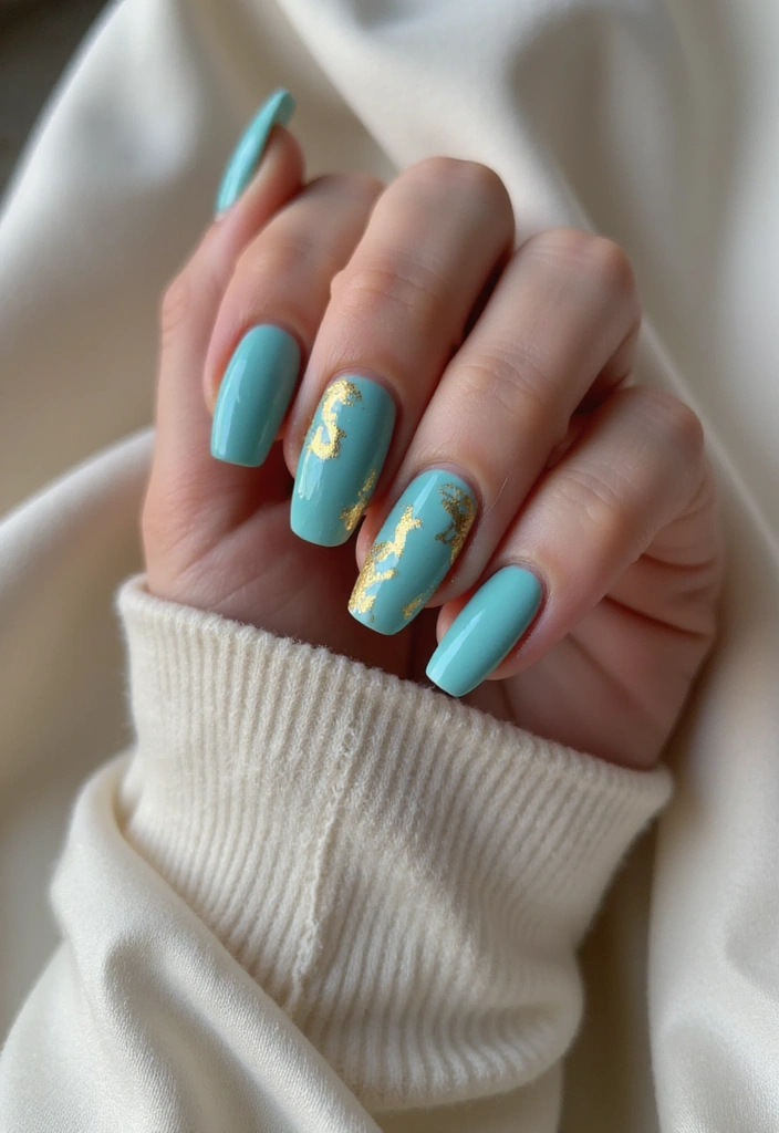 21 Gorgeous Turquoise and Gold Nail Designs for 2025 (Glam Up Your Look!) - 5. Turquoise and Gold Marble Effect