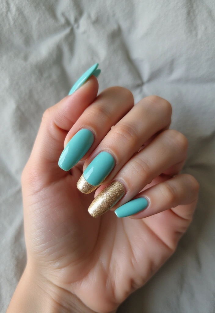21 Gorgeous Turquoise and Gold Nail Designs for 2025 (Glam Up Your Look!) - 6. Turquoise Half-Moon with Gold Detailing