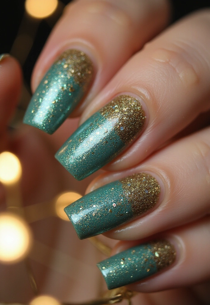 21 Gorgeous Turquoise and Gold Nail Designs for 2025 (Glam Up Your Look!) - 7. Turquoise and Gold Glitter Fade