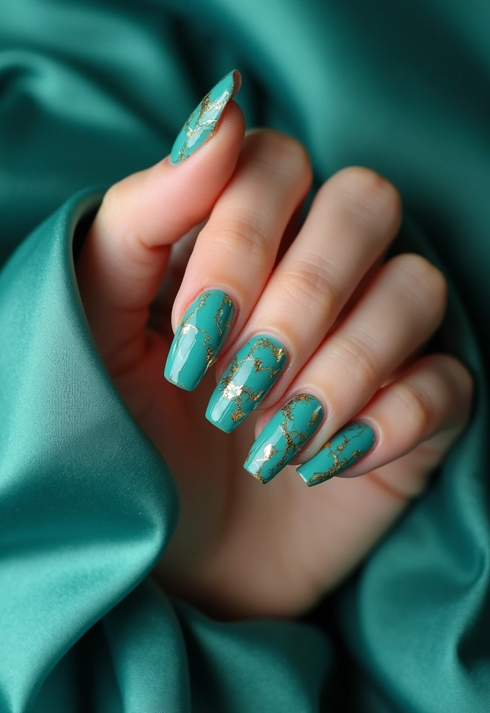 21 Gorgeous Turquoise and Gold Nail Designs for 2025 (Glam Up Your Look!) - 9. Turquoise Marble with Gold Foil Accents