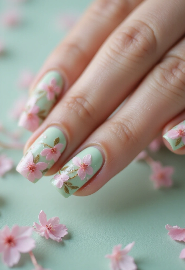 21 Mint Green and Baby Pink Nail Art Ideas You Can't Resist! - 2. Floral Mint Green and Baby Pink Nails