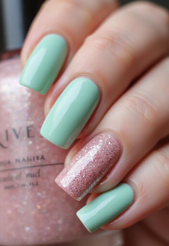 21 Mint Green and Baby Pink Nail Art Ideas You Can't Resist! - 4. Glittery Mint Green and Baby Pink Mix