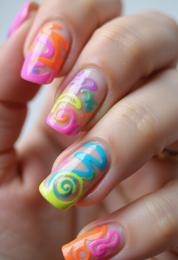 25 Dazzling Neon Nail Ideas for 2025 That Will Leave Everyone Staring! - 10. Neon Swirls and Spirals