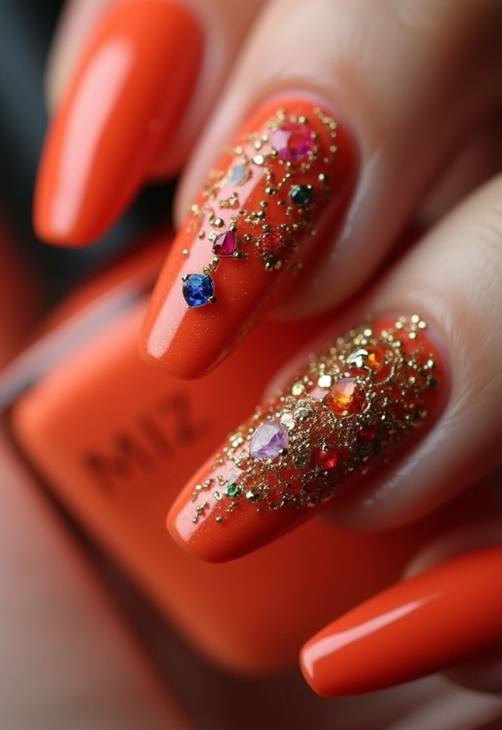 15 Stunning Orangey Red Nails You'll Want to Rock This Summer (Number 7 Is a Must-See!) - 14. Jewel Tone Accents