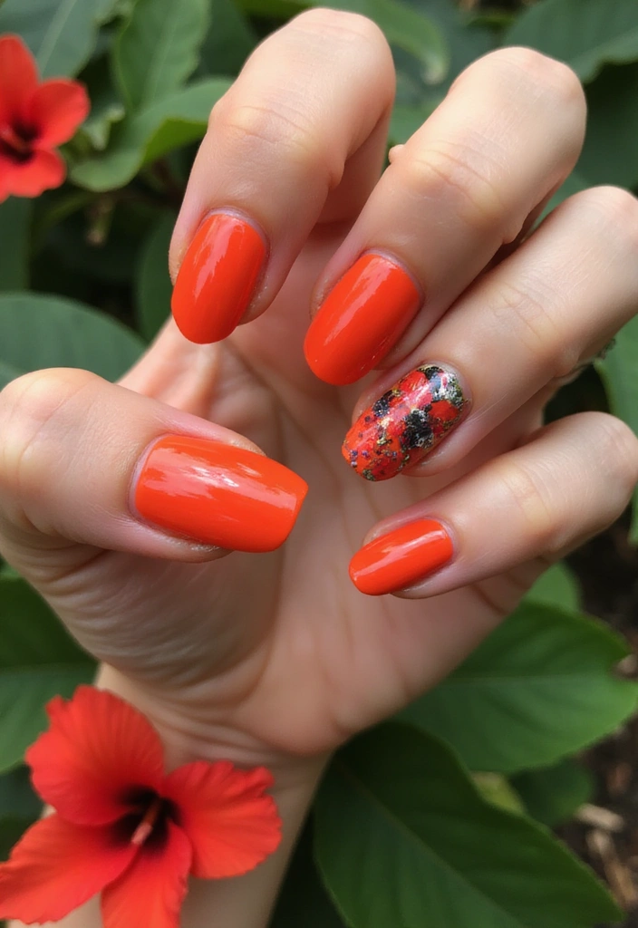 15 Stunning Orangey Red Nails You'll Want to Rock This Summer (Number 7 Is a Must-See!) - 3. Tropical Floral Accents