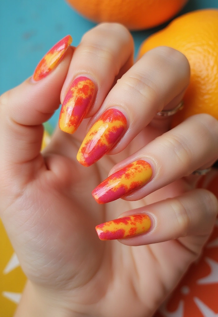 15 Stunning Orangey Red Nails You'll Want to Rock This Summer (Number 7 Is a Must-See!) - 9. Tie-Dye Delight
