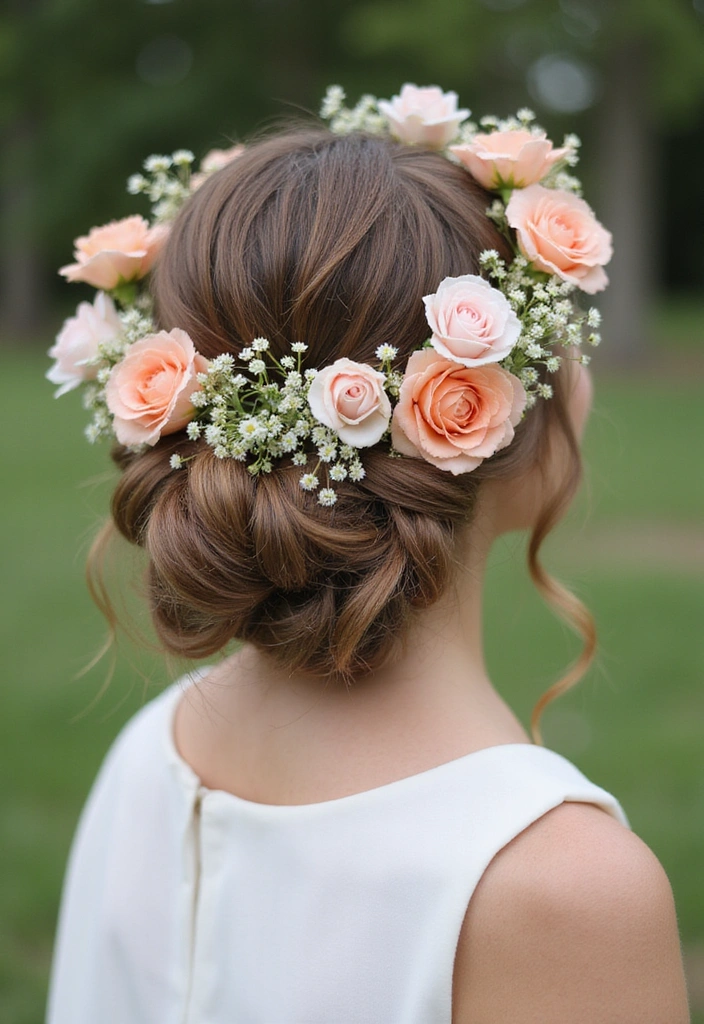 15 Jaw-Dropping Updo Hairstyles for Weddings (You’ll Want to Copy #7!) - 7. Floral Crown Updo