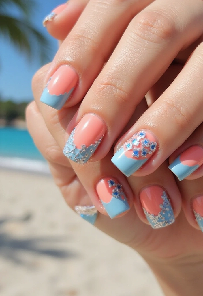 15 Trendy Coral Nails You Can Do at Home (You'll Be Obsessed with #7!) - 11. Coral and Blue Combo